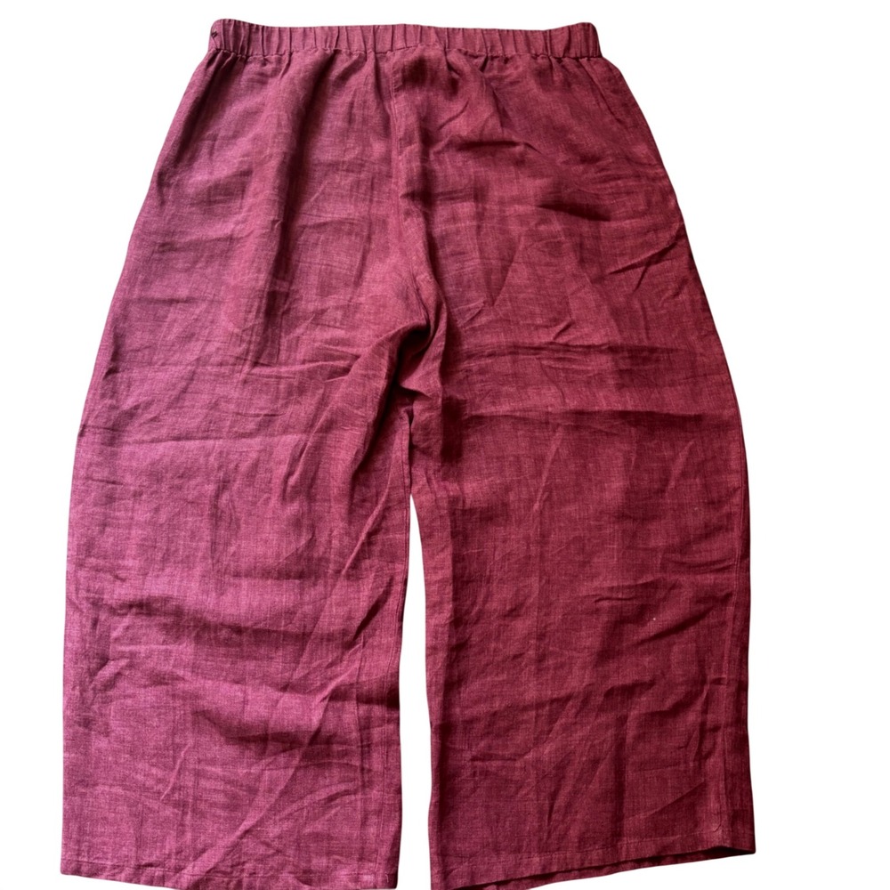 Eileen Fisher Pants Womens Large Pink 100% Organic Linen Wide Leg Crop Elastic L